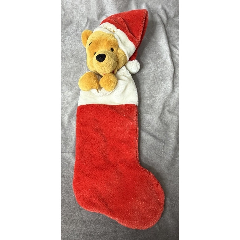 Disney Winnie the Pooh Plush Christmas Stocking 3D Head Santa Hat Red With Gold